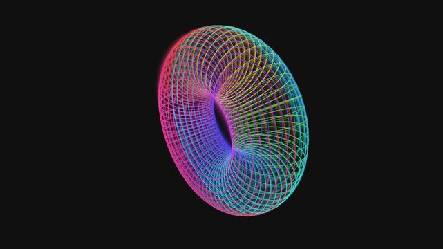 Colorful neon wireframe torus rotating smoothly in dark space abstract 3d geometric motion graphic loop digital animation