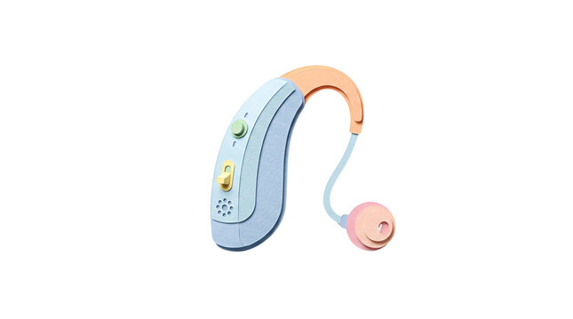 Modern digital hearing aid in pastel colors, medical assistive device for hearing loss, electronic ear amplifier for audiology healthcare isolated PNG with Transparent Background