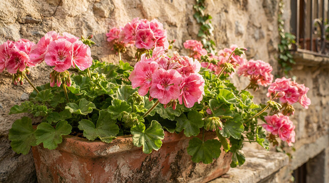 Flowering balcony with pink geraniums on a stone building in a quaint street
