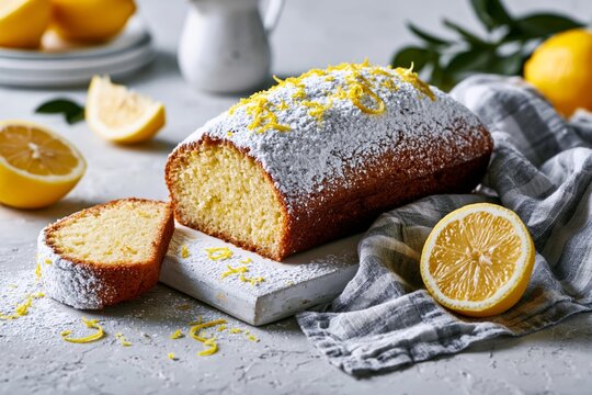 Lemon pound cake served on light textured table, powdered sugar and lemon zest, fresh vibrant citrus tones, soft natural daylight, clean elegant styling