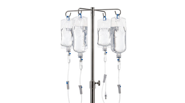 Medical IV drip bags on metal stand, intravenous saline solution for hospital treatment, clinical infusion therapy equipment for patient care isolated PNG with Transparent Background