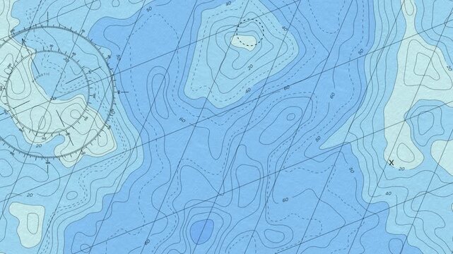 Ocean topographic map with symbols and depth markings, light blue coloring