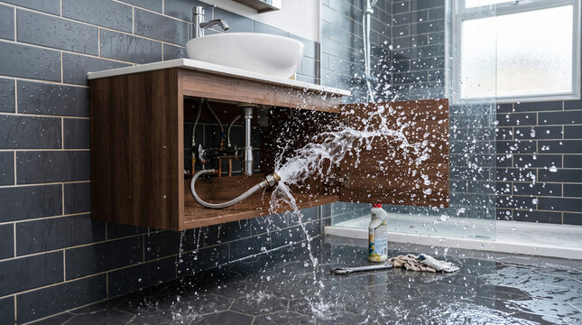 Bathroom Disaster: Water erupts from a burst pipe under a sink cabinet, flooding a modern bathroom with ceramic tile walls and a bathtub. A cleaning bottle lies on the wet floor.