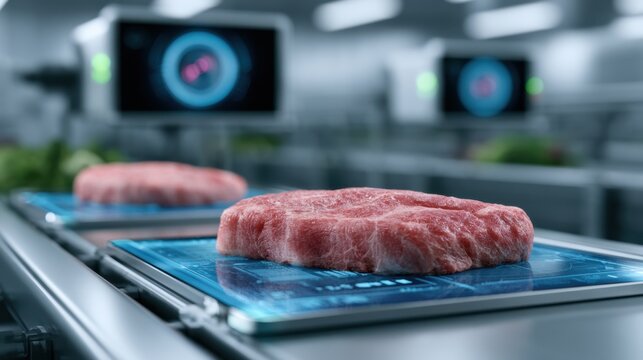 Freshly Cut Steak on High-Tech Display with Digital Interface in Modern Meat Processing Facility
