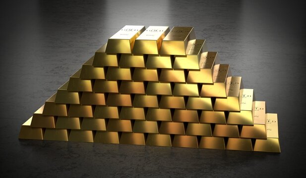 Large Pyramid Stack of Golden Ingots - 3d illustration