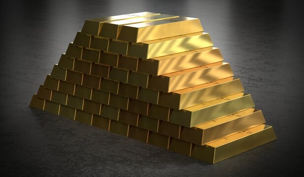 Side Angle of Gold Bar Pyramid - 3d illustration
