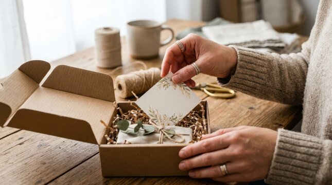 Hands tucking a personalized thank you card into a prepared cardboard order box filled with shredded paper.