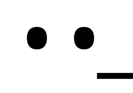 Minimalist neutral face emoji concept with two black oval eyes and straight line mouth isolated on white background