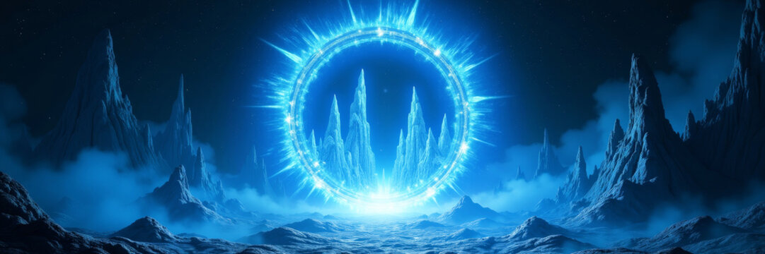 Glowing blue circular portal floating over rocky alien landscape. Futuristic energy gateway on distant planet. Sci-fi travel and space exploration concept. Cosmic phenomenon background.