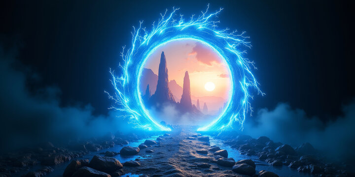 Glowing blue magical portal in dark rocky landscape. Circular lightning doorway opening to surreal alien planet with golden sunset. Science fiction concept for time travel and dimension.