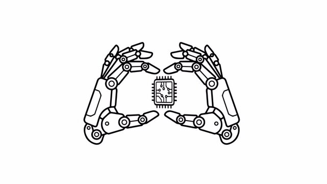 Outline vector illustration of robotic hands carefully holding a microchip processor, symbolizing artificial intelligence and advanced technology concepts