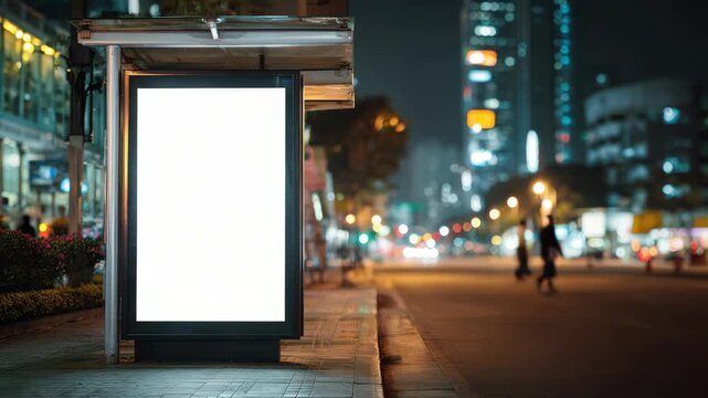 Blank billboard at a city bus stop at night with blurred urban street lights in the background for outdoor advertising and marketing campaigns