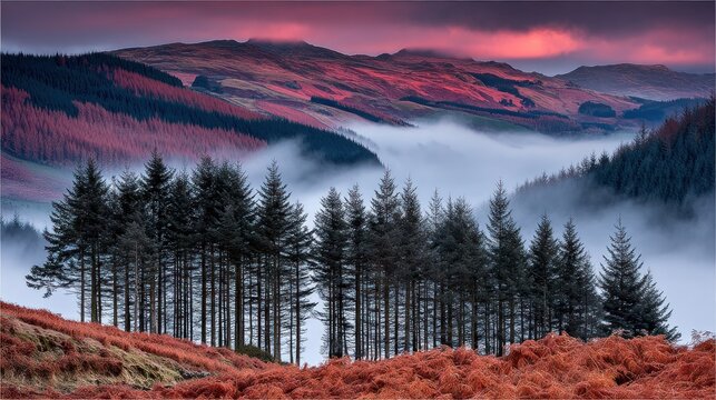 Misty valley sunrise over conifer forest with crimson brush and rolling hills