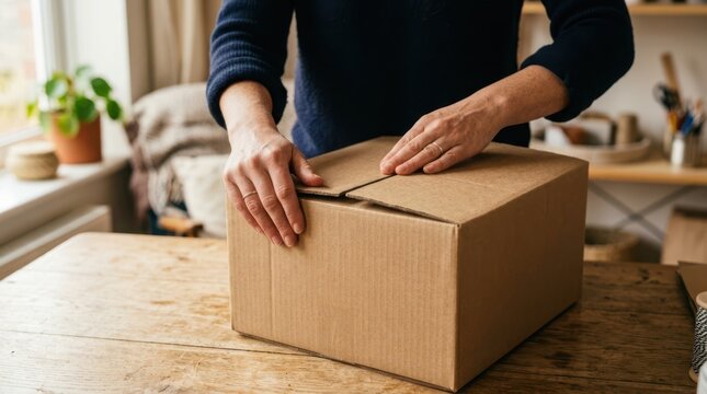 Hands closing the top flaps of a sturdy cardboard shipping box to seal it for customer order delivery.
