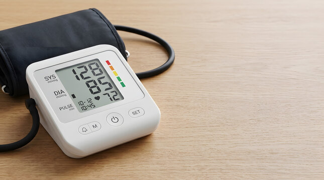 Digital Blood Pressure Monitor Displaying Systolic and Diastolic Reading | Automatic Upper Arm Blood Pressure Machine on Wooden Table | Home Health Monitoring Digital Blood Pressure Gauge Close-Up 