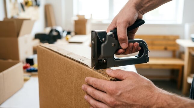 Hands using a heavy duty industrial stapler tool to secure the top flaps of a thick cardboard shipping box.