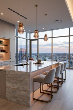 Modern kitchen with a panoramic city skyline view, an oversized island, elegant bar stools and floor to ceiling windows in a luxury interior