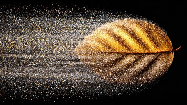 Single radiant leaf transforming into constellation pattern with golden dust and intricate venation