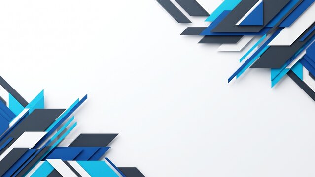 Elegant corporate background with floating angular corner panels in cobalt blue, cyan and charcoal. Spacious white center provides flexible copy space for modern business communication.