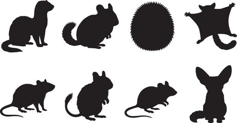 Set of black silhouettes of cute exotic small animals and rodents in vector illustration