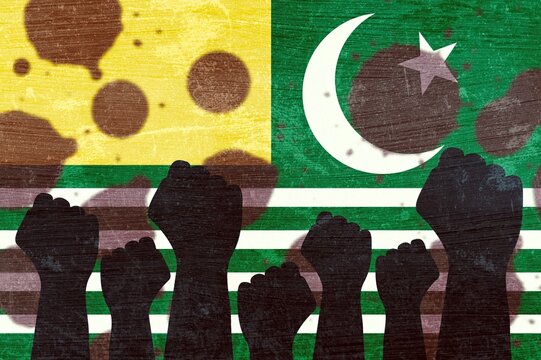 Pakistan Administered Kashmir Protest and Civil Unrest Concept, Silhouettes of Demonstrators on Distressed Flag Background Representing Political Tensions, Public Demonstrations, Election Violence