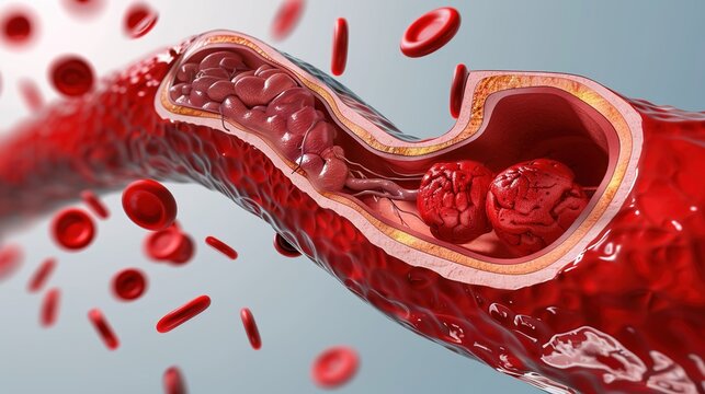 Detailed medical 3D illustration of venous thrombosis inside human blood vessel, blood clot formation blocking vascular lumen, cardiovascular system disorder, circulatory disease anatomical visualizat