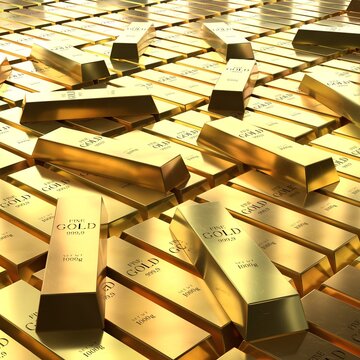 Square Format of Scattered Gold Bars - 3d illustration