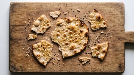 Fototapeta premium Deliciously Baked Flatbread Pieces Scattered on a Rustic Wooden Cutting Board Ready for Enjoyment as a Savory Snack or Appetizer in a Culinary Setting