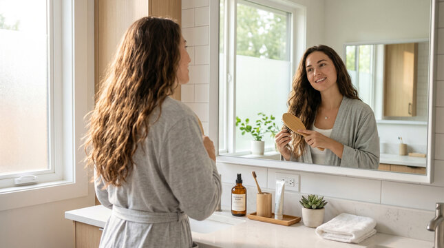 Young woman smiling while looking in mirror and grooming in bathroom  