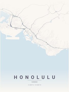 Modern Honolulu City Map Poster Design, Pastel Dream Style Urban Street Grid Cartography