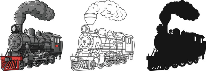 Steam locomotive illustration set, train silhouette line drawing colored artwork, railway transport vector design concept © Anonto