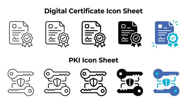 Digital certificate and pki icon sheet featuring diverse vector graphic styles including solid blue gradients and bold linear strokes for professional web interface design project usage