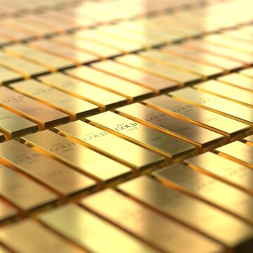 Square View of Aligned Golden Bars - 3d illustration