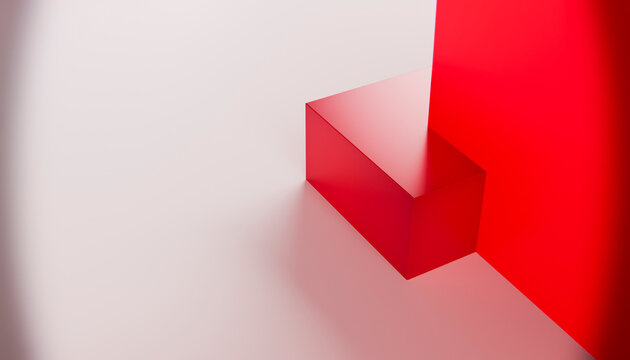 Digital rendering of a red geometric cube against a red vertical