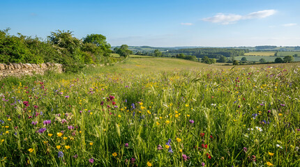Obraz premium Colorful wildflower meadow with bright blooms under a sunny sky