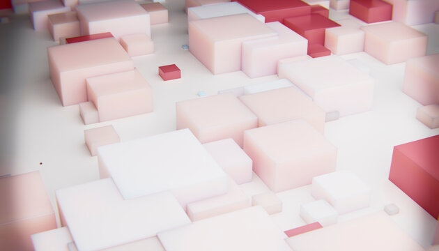 A 3d digital rendering of abstract white and red cubes arranged