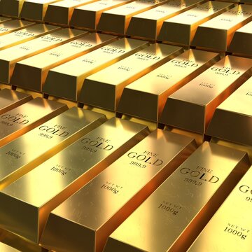 Square Rows of Gold Ingots - 3d illustration