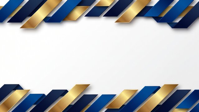 Premium corporate frame with offset parallelogram ribbons in sapphire blue and metallic gold. Minimal white background offers elegant copy space for business and financial projects.