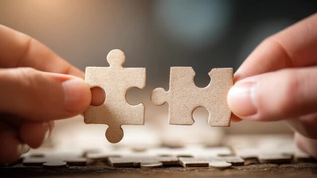 Hands connecting two wooden puzzle pieces to complete a project, representing teamwork, problem solving, business strategy, and success in cooperation
