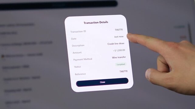 Detailed transaction receipt for a successful wire transfer. User reviews the ID, amount, and status before dismissing the modal. 
