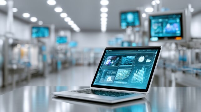 Modern Laptop Displaying Data Analytics and Graphs in High-Tech Laboratory Environment with Workstations and Monitors in Background
