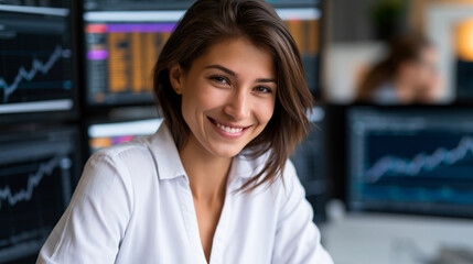 Obraz premium Faceless professional young female financial analyst working amid multiple computer screens, financial analyst, multiple screens, market data, professional smile, business