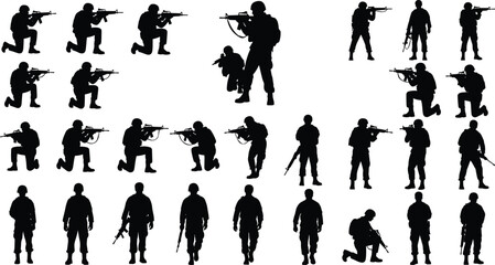 Obraz premium Soldier silhouette illustrations, military combat artwork, armed forces design collection, black white figure set, stylized tactical profiles