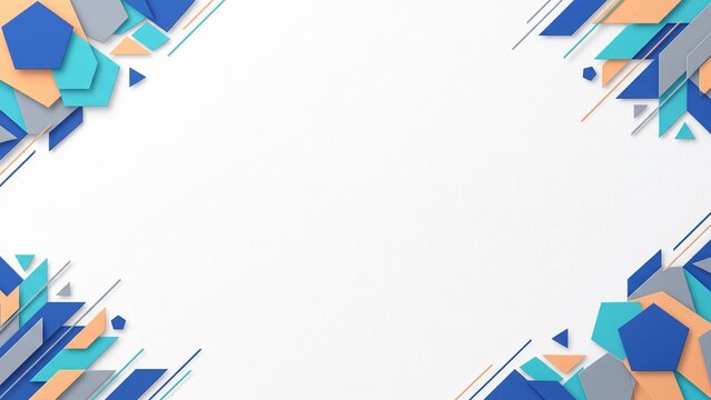 Contemporary corporate background with polygon edge accents in blue, turquoise and orange. Spacious white center and refined geometric styling for presentations and marketing materials.