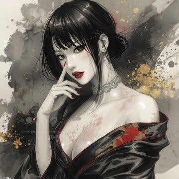 黒髪の着物女性と金箔の水墨画風アート