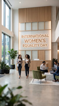 Luxurious photographic background featuring the title "International Women's Equality Day" displayed on a modern illuminated wall within a contemporary corporate environment