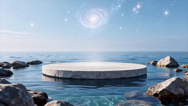 Stone platform in ocean with starry sky