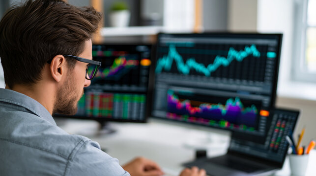 Faceless focused trader analyzing multiple stock screens, stock trading, multiple screens, financial analysis, market research, trading technology, with copy space
