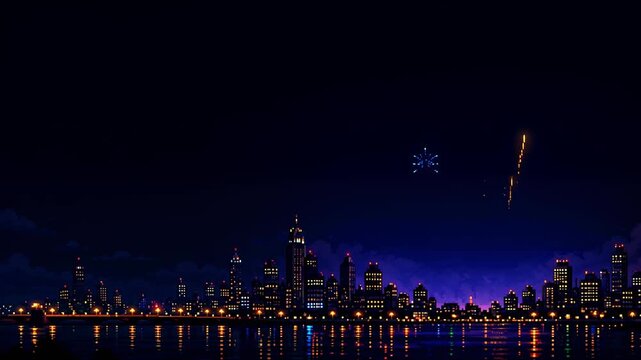 Pixel art fireworks exploding above a city skyline at night with copy space, retro celebration, 8 bit