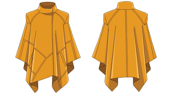 Elegant Yellow Ochre Women Fashion Cape Poncho Cloak Design Set Isolated Front and Rear View Illustration